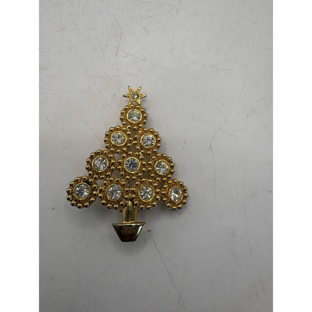 Vintage LIA Christmas Tree Brooch Pin Stars Gold Tone Rhinestone RARE